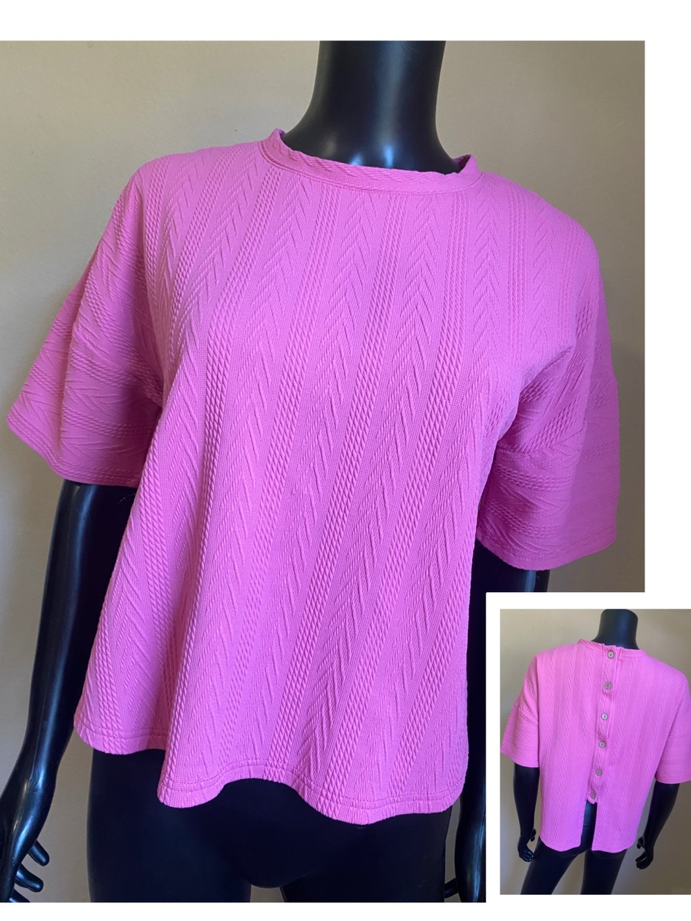 New In Women's Adorable Pink Textured Short Sleeve Top Button Backing